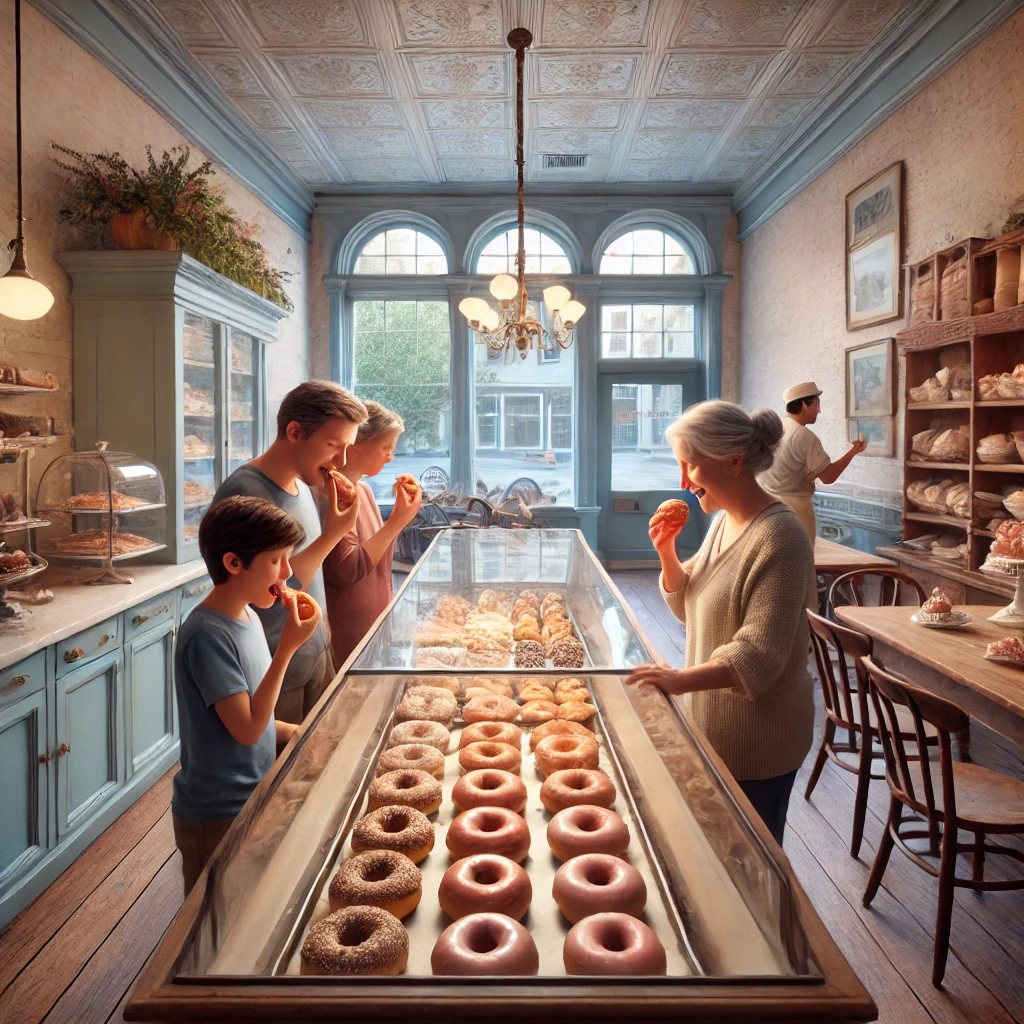 Guests on a dessert tour, sampling donuts at a local bakery. 