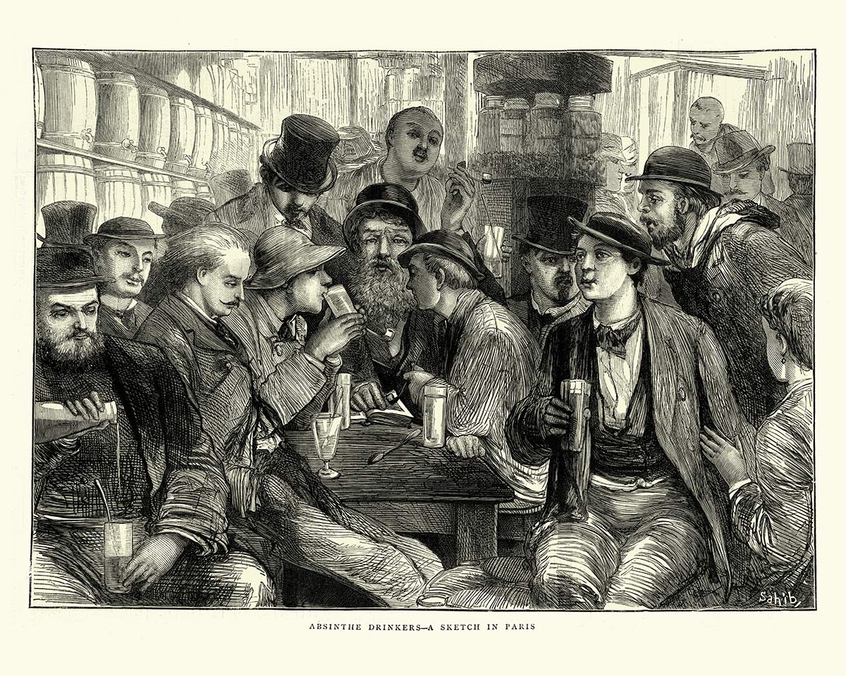 Men drinking Absinthe in a bar, an illustration